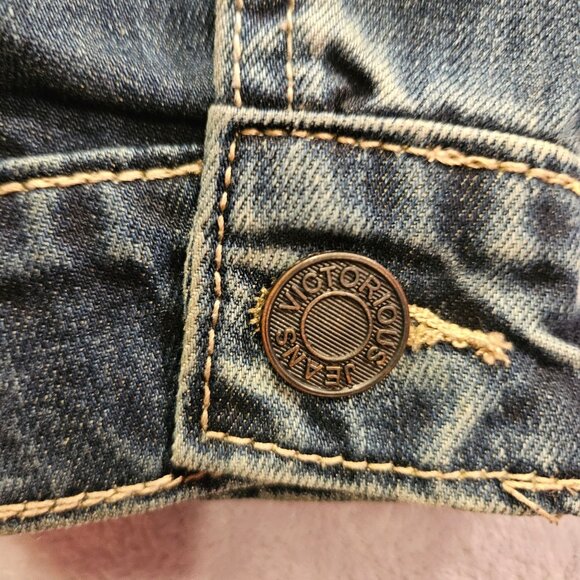 Victorious Jean Jacket Womens XL Blue 4 pockets distressed Flaw slight stain hip - Picture 10 of 16